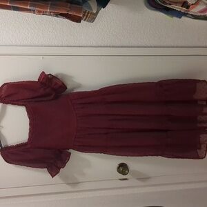 MEROKEETY Square Neck Puff Sleeve Boho Midi Dress Swiss Dot